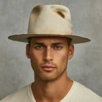 Man wearing the beige Memento custom fedora hat with distressed crown and minimalist design