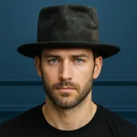 Man wearing black Memento fedora hat, front view, against dark blue background