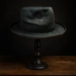 Right side view of black Memento fedora hat showing sculpted crown and distressed felt texture