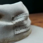 Close-up of the stitched quote patch on the Memento custom fedora hat showing engraved text and hand-sewn edges