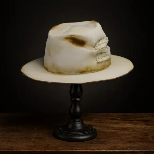 Distressed white custom fedora hat with stitched patch and handwritten quote on the side