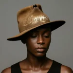 Female model wearing the Rooster Cogburn Replica Hat, a handcrafted brown distressed felt fedora inspired by Jeff Bridges in True Grit (2010).