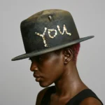 Model wearing the ScrewU handmade felt hat with stitched “YOU” and a metal screw on top