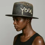 Model wearing the ScrewU handmade felt hat in dark brown with stitched “YOU” and metal screw detail