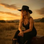 Female model wearing the handcrafted black felt Sam Chisolm Replica Hat inspired by Denzel Washington’s character in The Magnificent Seven, photographed outdoors at sunset.