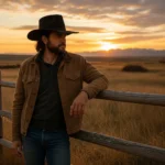 Model wearing the handcrafted black felt replica hat inspired by Sam Chisolm, portrayed by Denzel Washington in The Magnificent Seven, photographed outdoors at sunset.