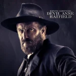 Kevin Costner portraying Devil Anse Hatfield in the series Hatfields & McCoys, wearing the original black distressed western hat that inspired the replica.