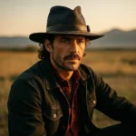 Model wearing the handcrafted distressed black felt replica hat inspired by Devil Anse Hatfield from the Hatfields & McCoys series, photographed outdoors at sunset.