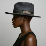 Profile view of a model wearing the handcrafted distressed black felt replica hat inspired by Devil Anse Hatfield from the Hatfields & McCoys series.