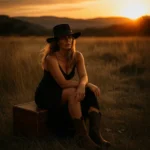 Woman wearing the handcrafted brown felt replica hat inspired by Margaret Dutton from 1883, sitting in a field at sunset with western boots.