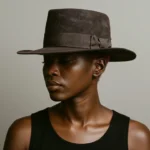 Model wearing the handcrafted brown felt replica hat inspired by Margaret Dutton from the 1883 series, showing its wide brim and gambler crown.