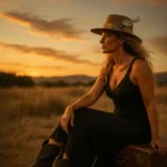 Woman wearing brown western nomad hat with feather and playing card accent at sunset