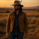 Man wearing brown western nomad hat with feather and playing card accent in sunset light